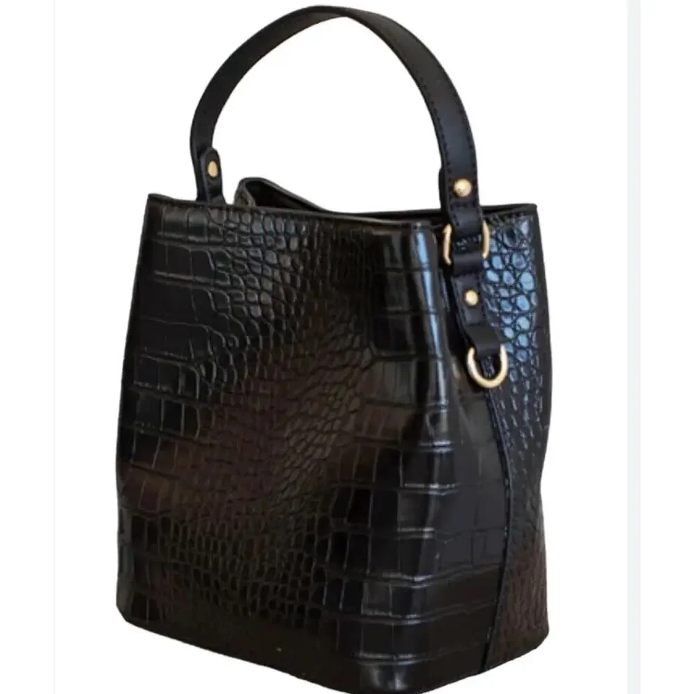 NWT AOTA $188 ELENA Croc Top Handle Bucket Crossbody Bag, Women's Black Purse - Picture 4 of 8